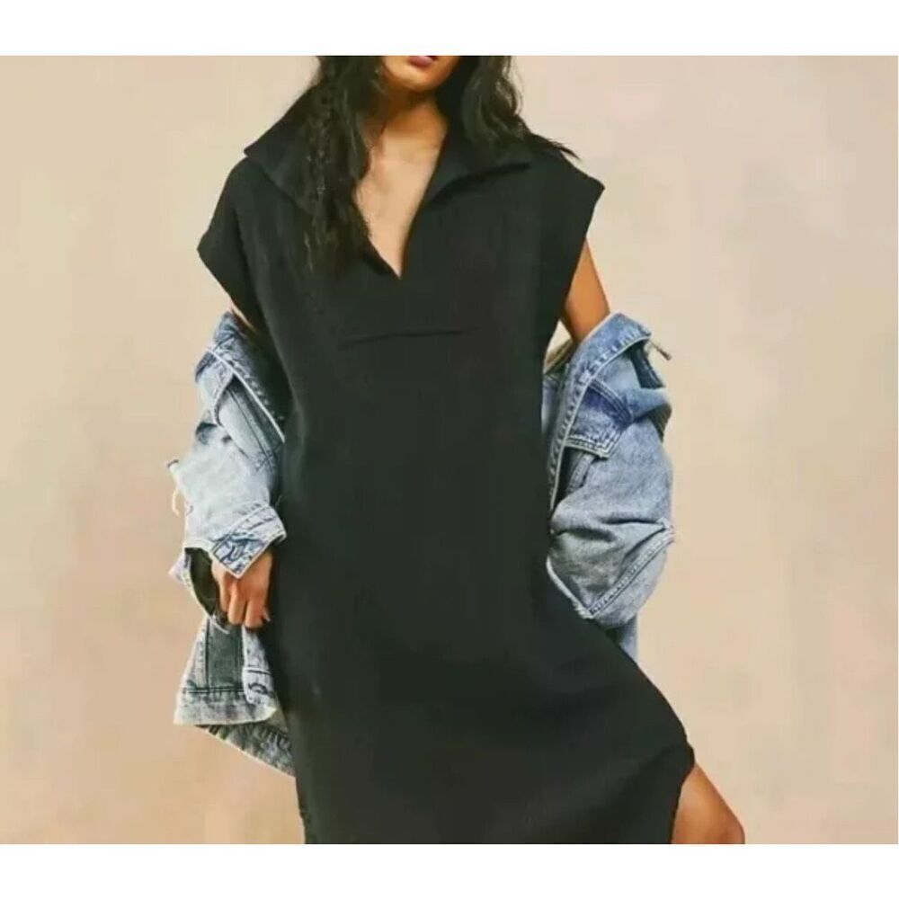 Free People Beach Black Cotton Short Sleeve Midi V-Neck Dress Women’s Small